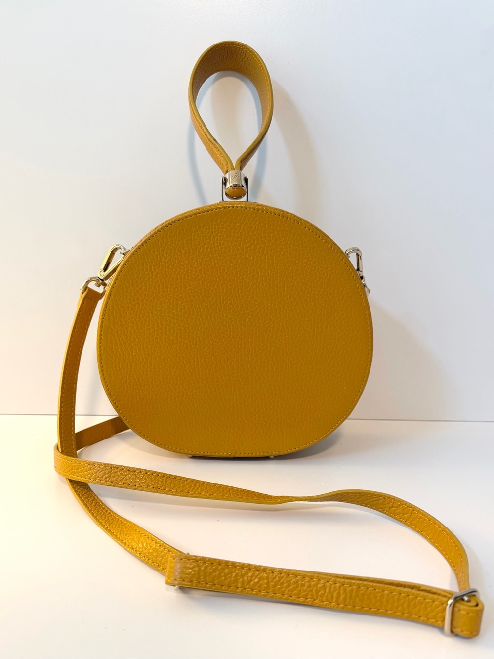 FREYA Demi Poppy Round Leather Bag in Mustard Yellow